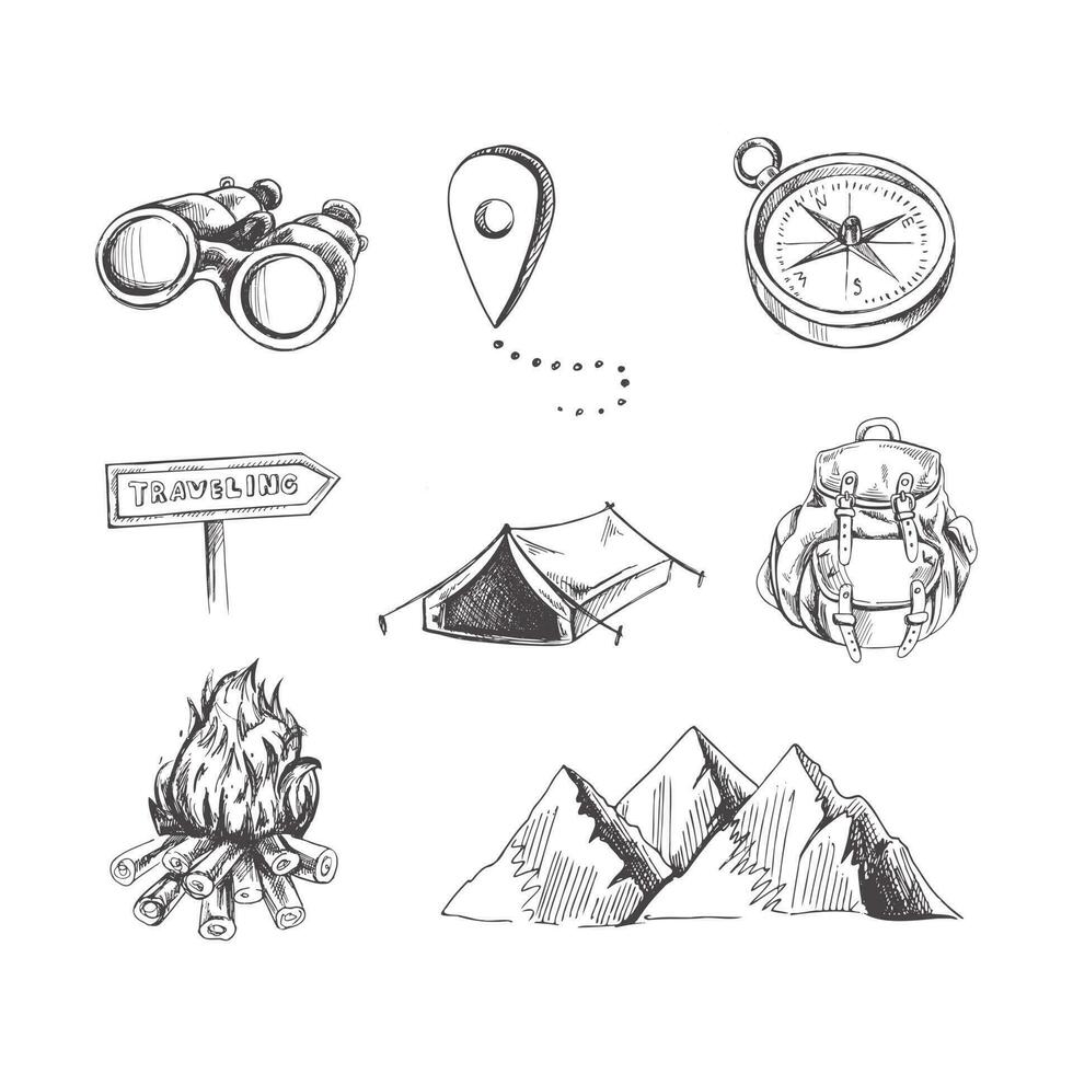mão desenhado esboço conjunto do viagem ícones. turismo e acampamento aventura ícones. montanhas, fogueira, mochila, binóculos, bússola, barraca vetor