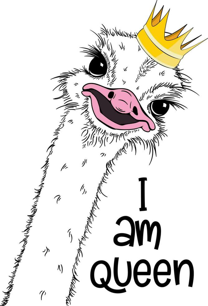 retrato do uma três engraçado avestruz rainha com coroa . humor cartão, camiseta composição, mão desenhado estilo. vetor ilustração.