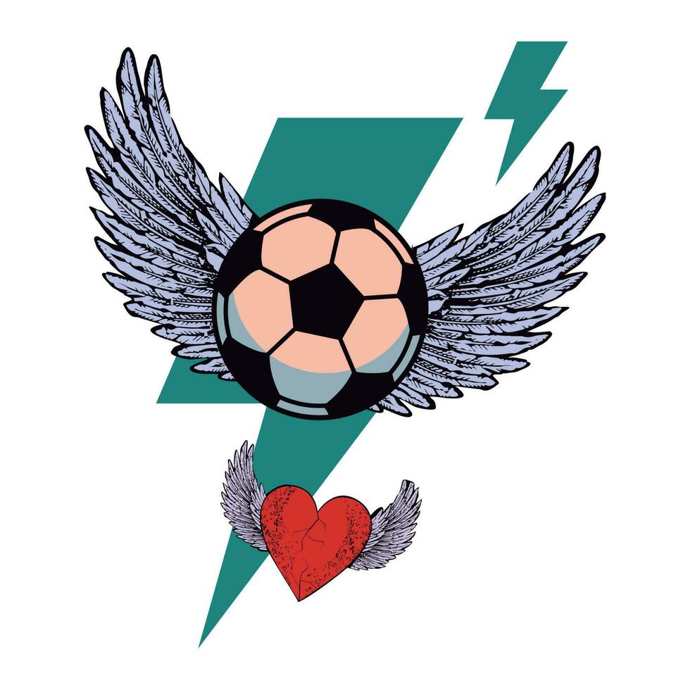 camiseta Projeto do uma futebol bola com asas sobre a símbolo do trovão. alado vermelho coração vetor ilustração para futebol amantes.