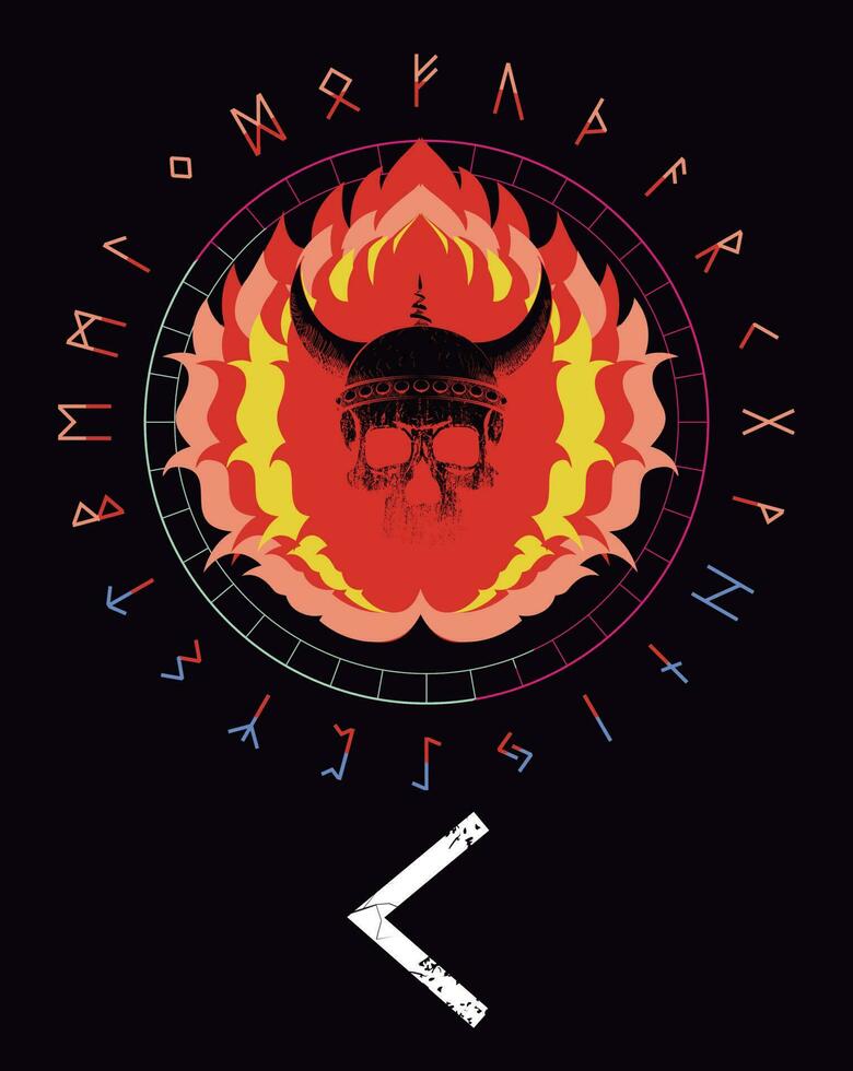 Projeto para uma camiseta do a rúnico carta chamado kenaz Próximo para uma queimando crânio. rúnico alfabeto para cartazes. vetor