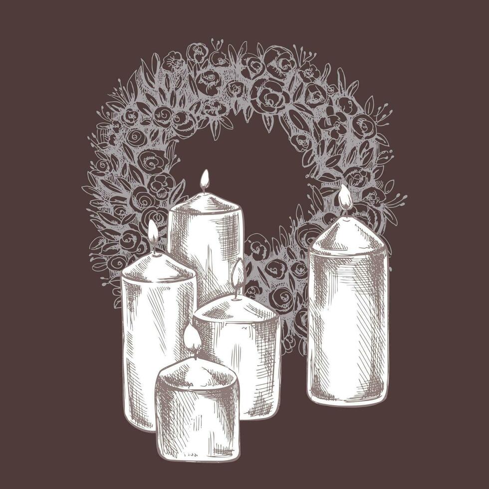 mão desenhado guirlanda e velas. vetor mão desenhado isolado ilustração em Castanho fundo. esboço para Natal.