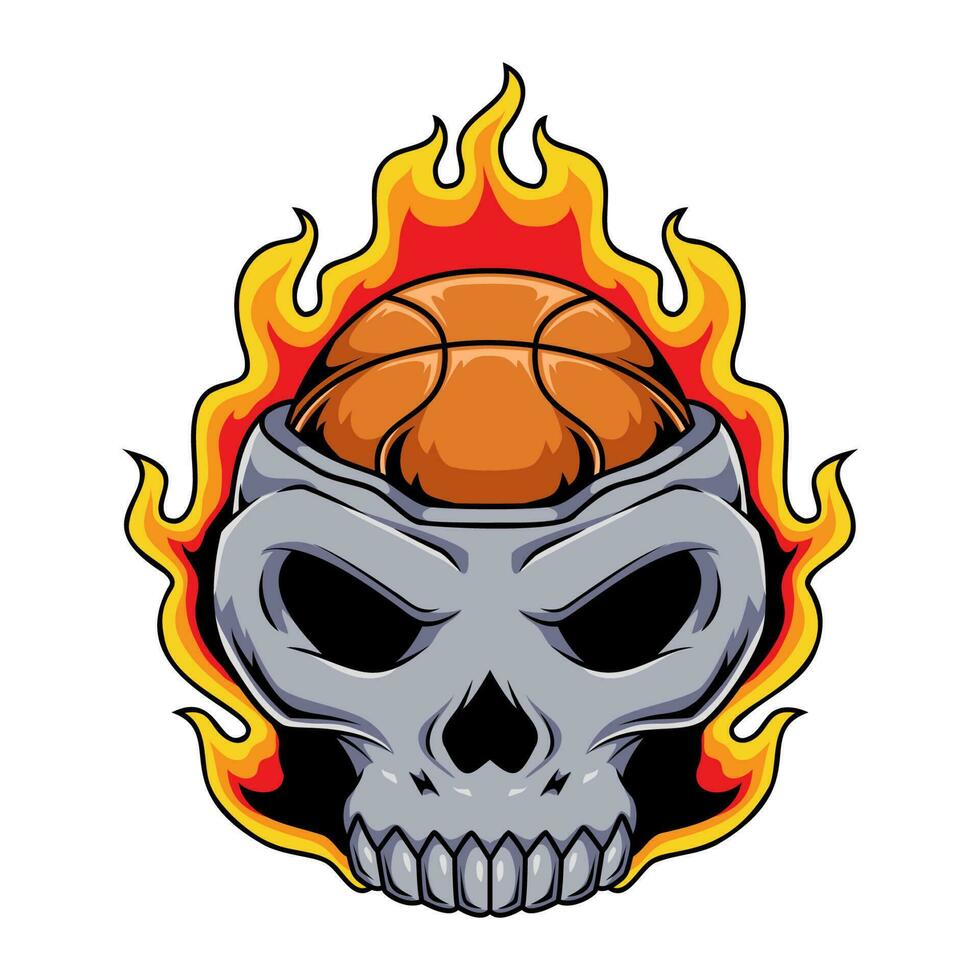 ilustração do basquetebol humano crânio personagem com fogo chama vetor