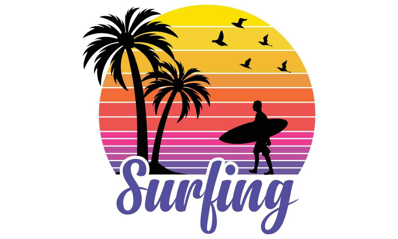 surfar camiseta Projeto vetor ilustração. vintage emblema dentro retro estilo. pranchas de surf, ondas e mão desenhado letras camisa, praia, surfar, surf, Tempo para surf, sol, Palma árvore, de praia água