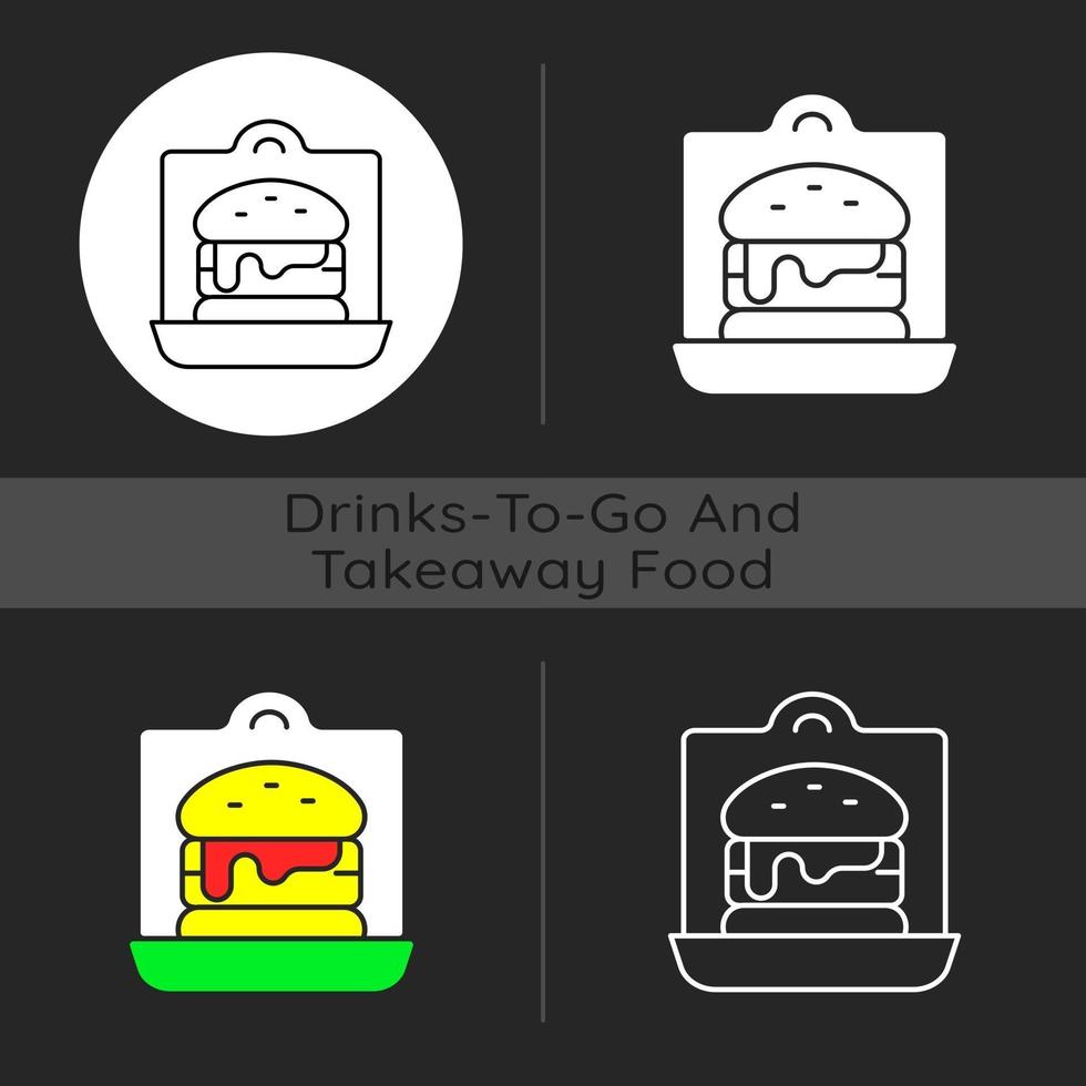 Ícone de tema escuro de sanduíches e hambúrgueres para viagem vetor