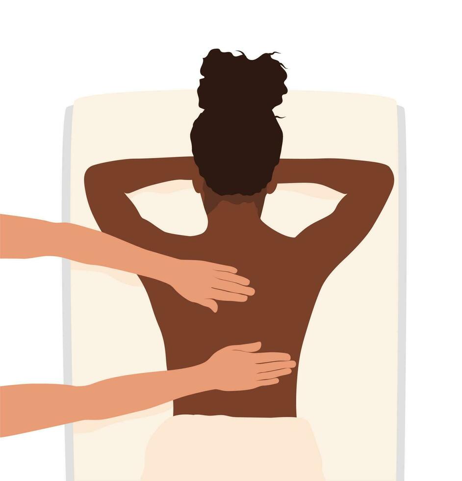 Sombrio esfolado mulher pega uma costas massagem às uma spa bem estar salão. colori plano vetor ilustração isolado em branco fundo. topo Visão