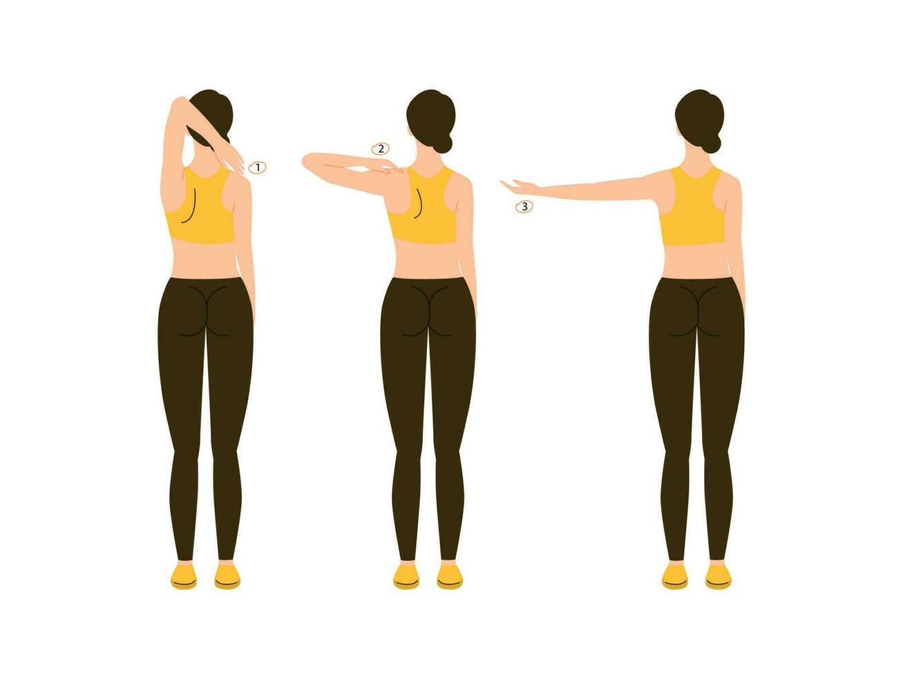mulher demonstra quão para Faz ombro exercício - braço faz uma movimento a partir de 1 ombro para a outro. vetor plano ilustração isolado em branco fundo