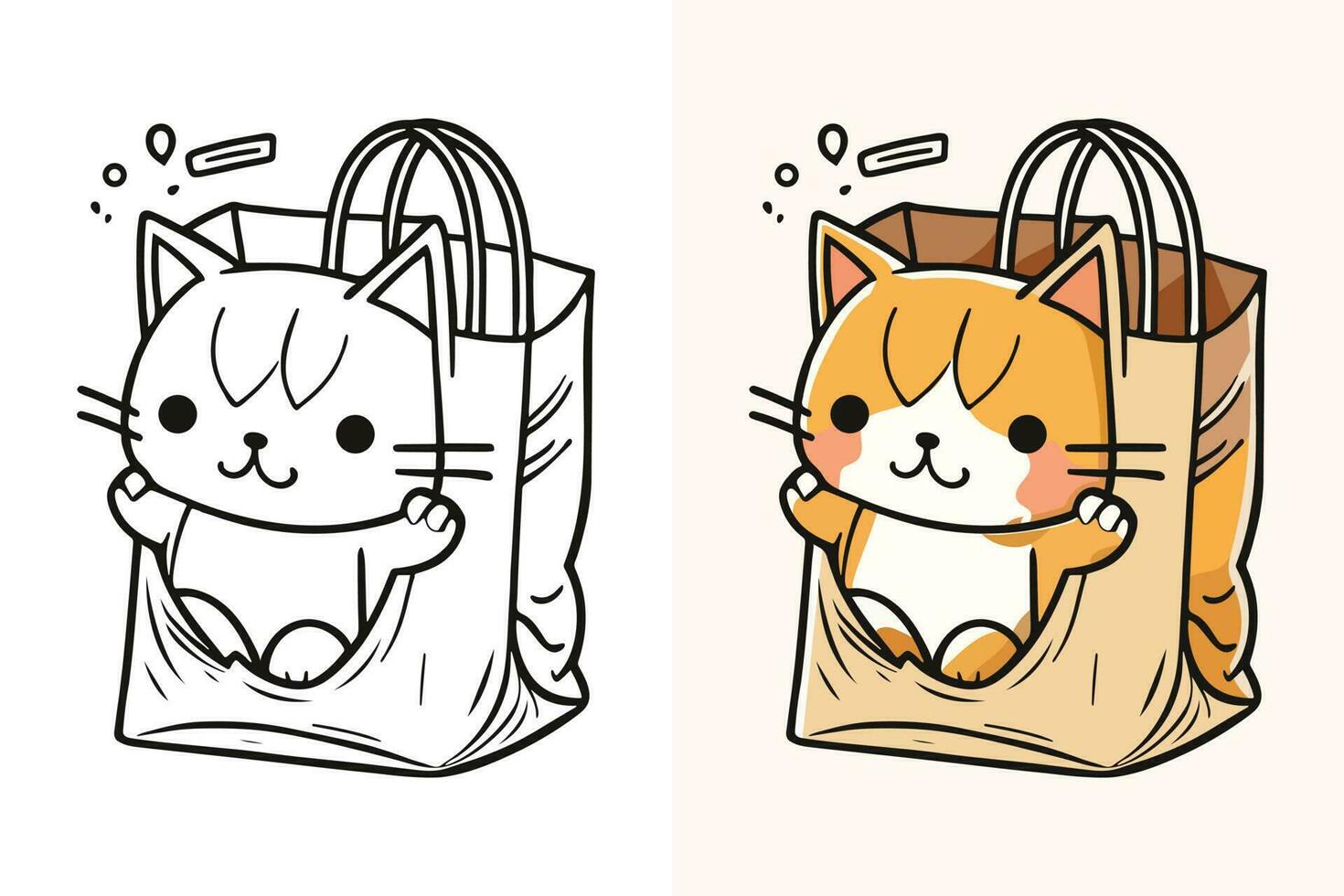 a personagem do uma pequeno gato dentro uma papel compras bolsa, fofa gato, gato desenho animado, gato desenho, gato mascote vetor