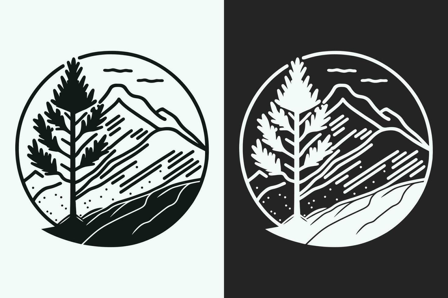 montanha esboço, esboço estilo Preto e branco montanhas e árvore vetor, montanha árvore ícone ilustração, montanha logotipo vetor