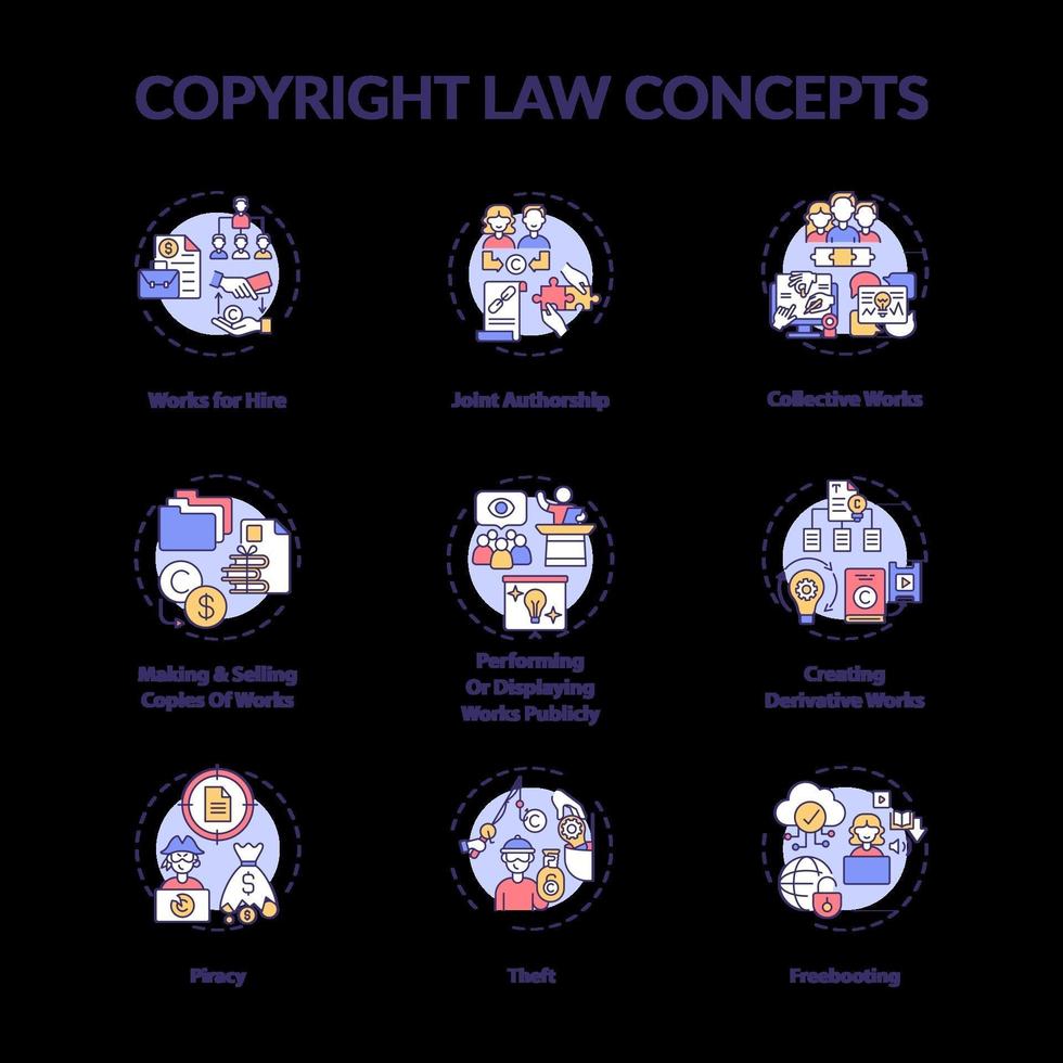 conjunto de ícones de conceito de lei de direitos autorais vetor