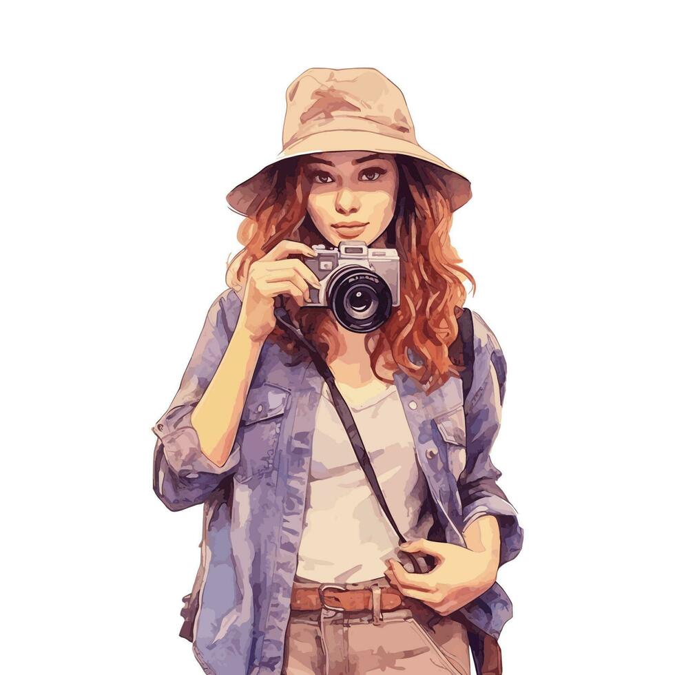 aguarela ilustração do uma menina segurando uma Câmera, vestindo uma chapéu conceito vetor