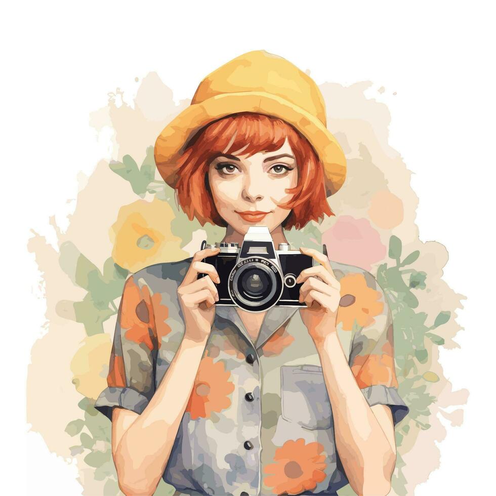 aguarela retrato do moda menina com uma chapéu e Câmera, imerso dentro beleza vetor