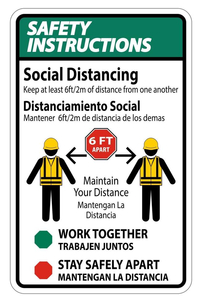 instruções de segurança bilingue construção de distanciamento social vetor