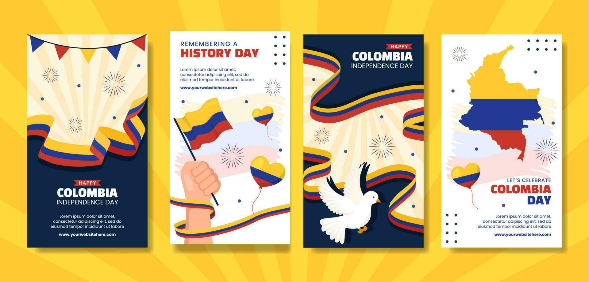 Colômbia independência dia social meios de comunicação histórias desenho animado mão desenhado modelos fundo ilustração vetor