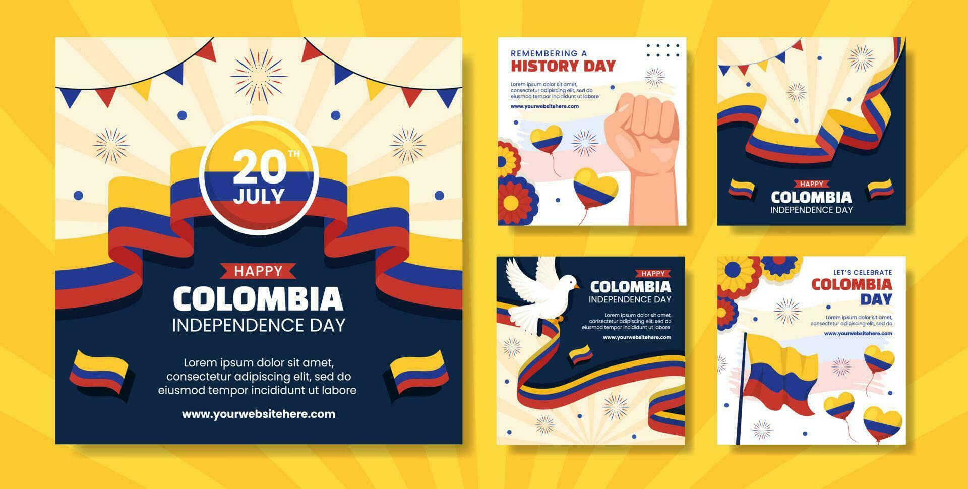 Colômbia independência dia social meios de comunicação postar desenho animado mão desenhado modelos fundo ilustração vetor