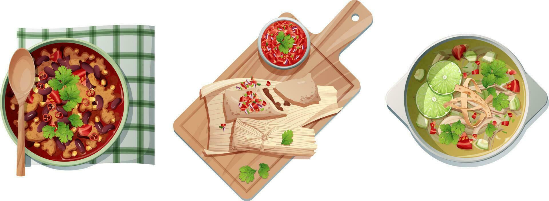 tradicional mexicano Comida em isolado fundo. tamales com salsa molho, feijão e Lima sopa. nacional cozinha. velozes Comida vetor ilustração