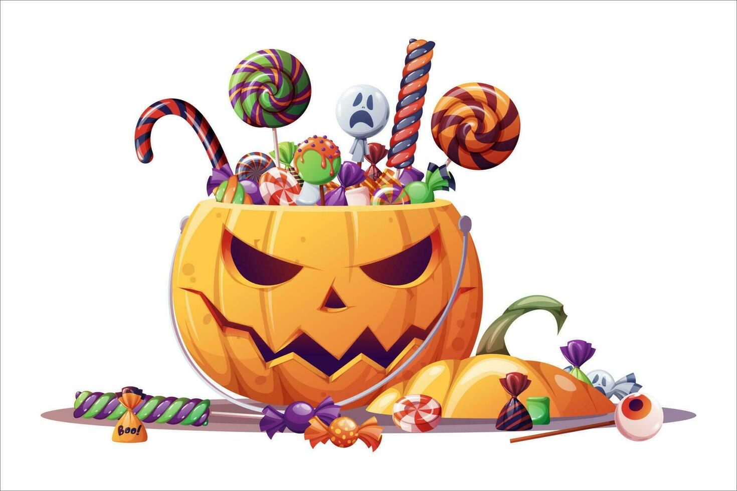 abóbora de halloween com doces. saco de truques ou travessuras de abóbora. abóbora de halloween, pirulito e doces. cesta de abóbora de doces de desenhos animados, pirulitos, guloseimas e ilustração vetorial de bastão de doces. vetor