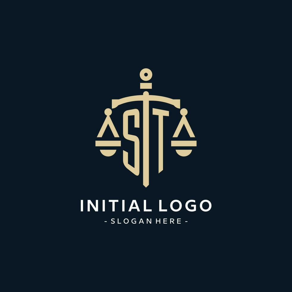 st inicial logotipo com escala do justiça e escudo ícone vetor