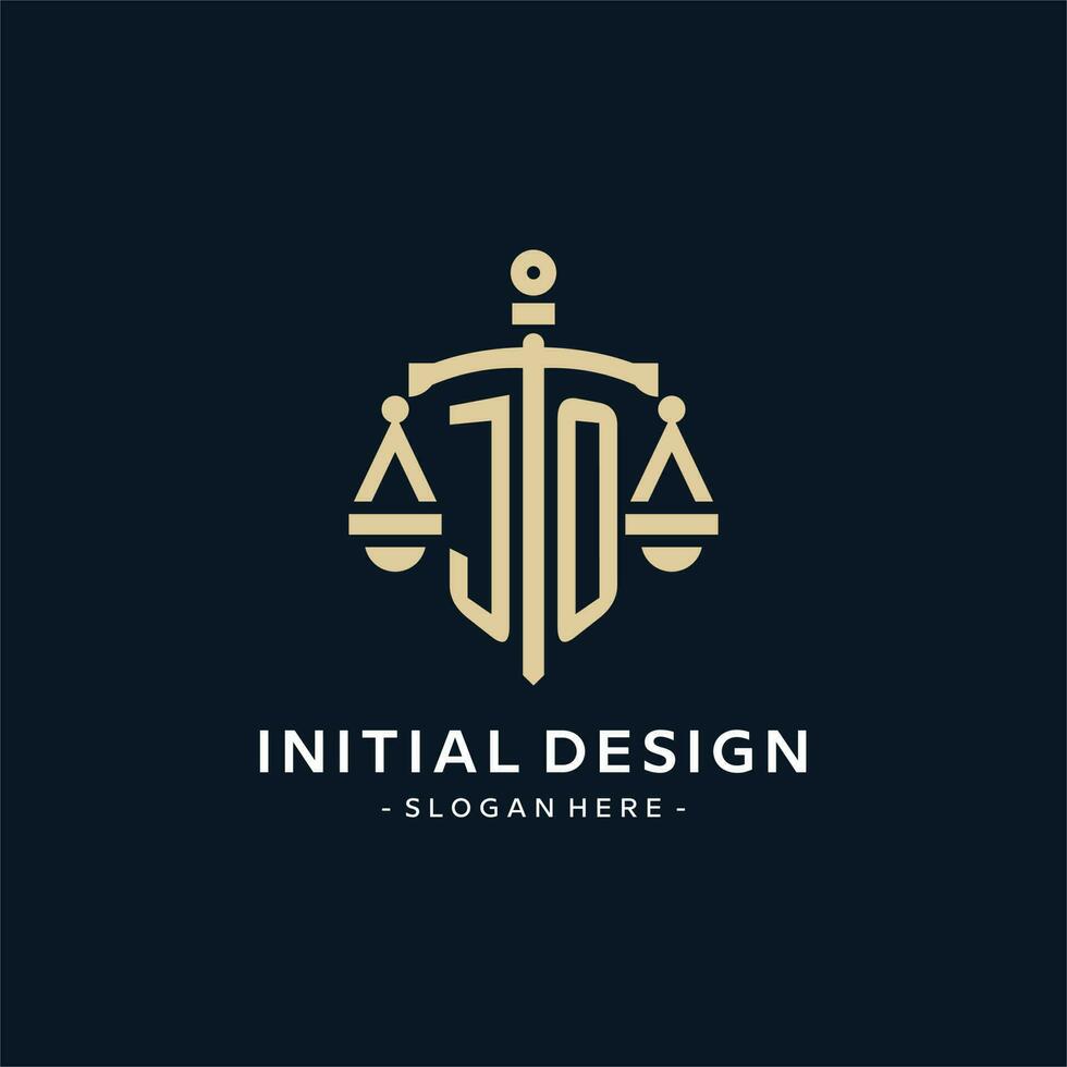 jo inicial logotipo com escala do justiça e escudo ícone vetor