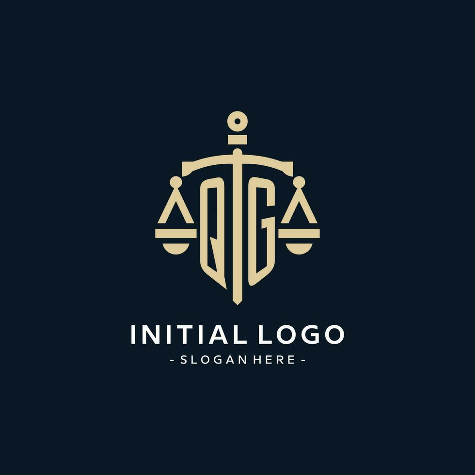 qg inicial logotipo com escala do justiça e escudo ícone vetor