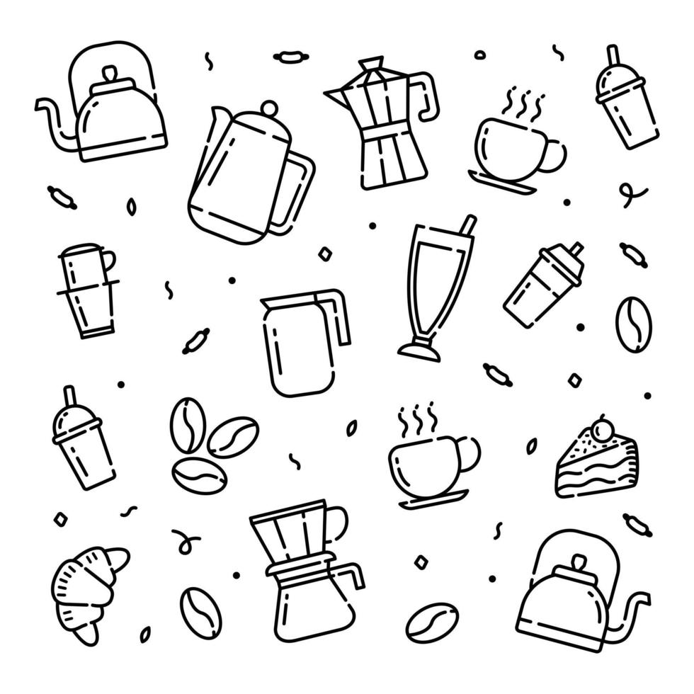 hora do café doodle ícones vetoriais desenhados à mão para papel de parede de cafeteria vetor