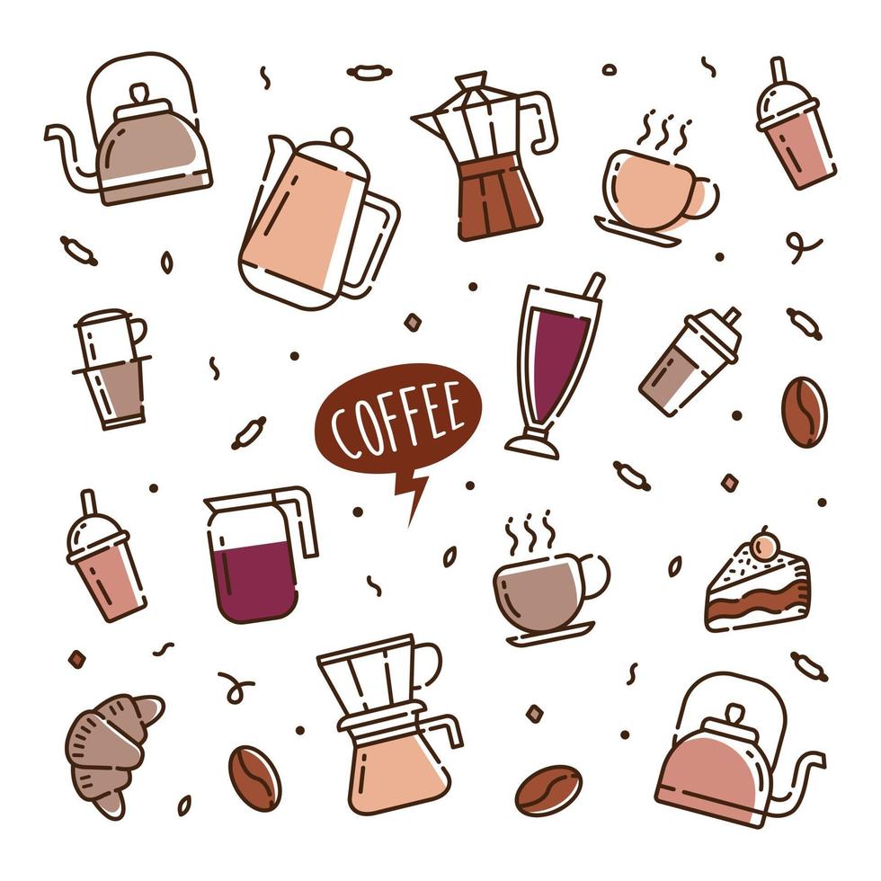 hora do café doodle ícones vetoriais desenhados à mão para papel de parede de cafeteria vetor
