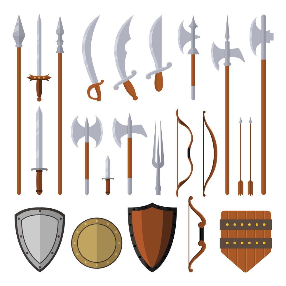 Elementos de cenografia de armas medievais isolados no fundo branco vetor