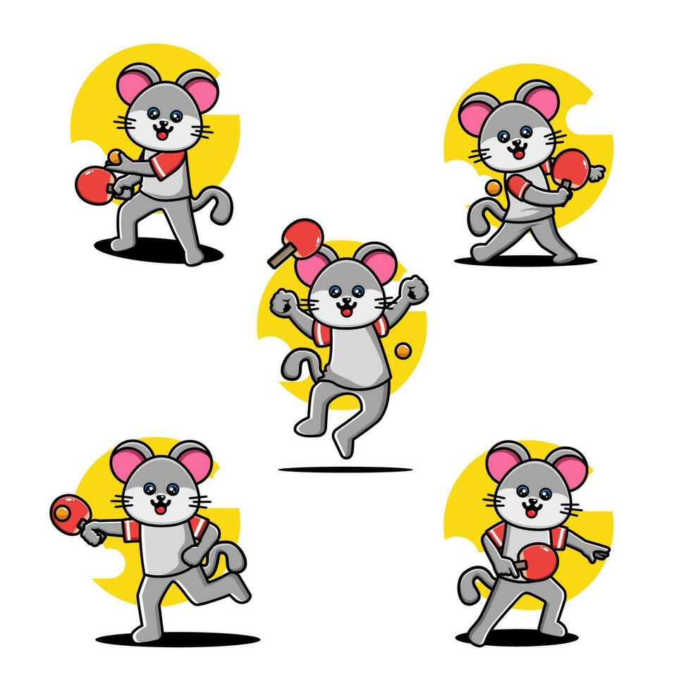 fofa rato jogando mesa tênis mascote personagem conjunto vetor