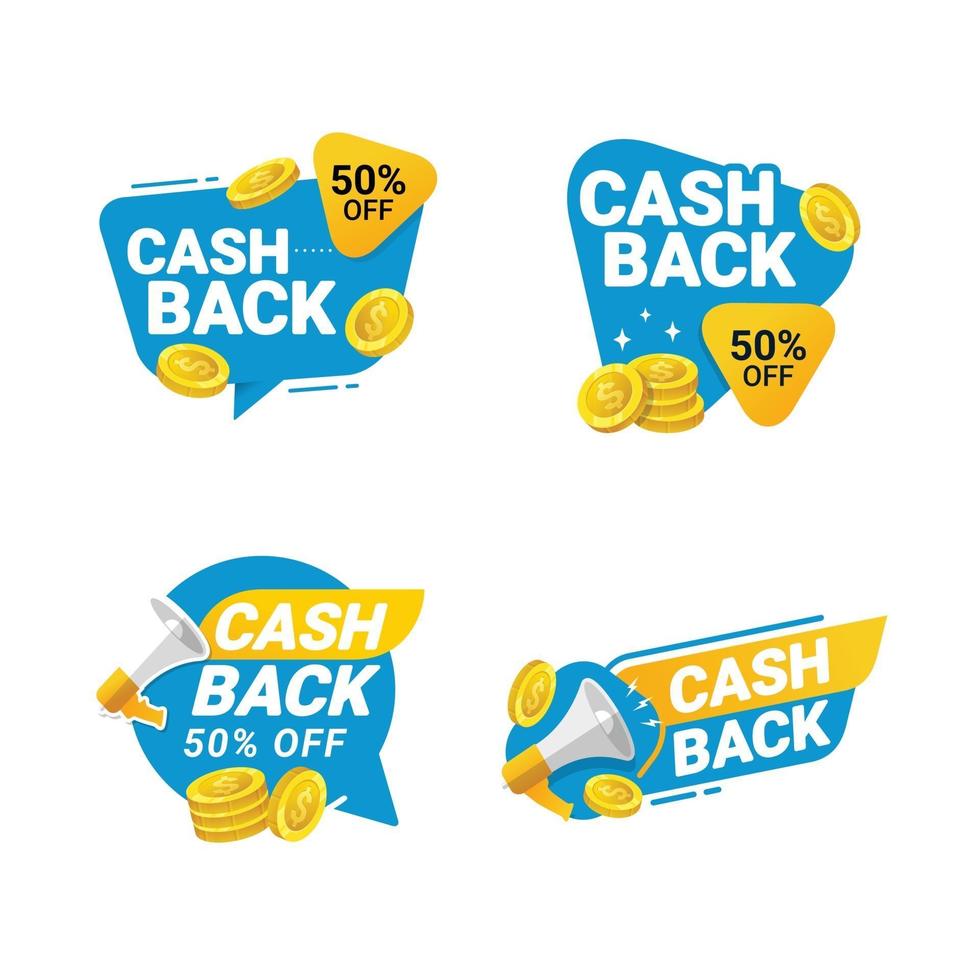 modelo de crachás cashback tags vetoriais para reembolso de dinheiro com moedas vetor