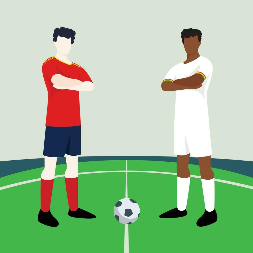 Combine pré-visualização exibindo dois masculino jogadores de futebol dentro uma futebol campo vetor ilustração. Espanha vs Gana.