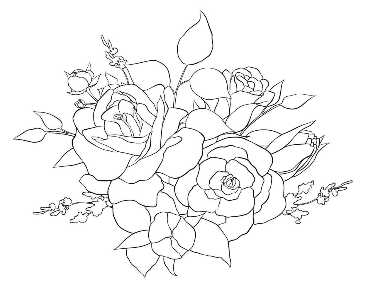 vetor ilustração do uma composição do rosas e folhas. mão desenhado contorno ilustração para decoração, decoração, cartões postais, livros, coloração Páginas, etc.