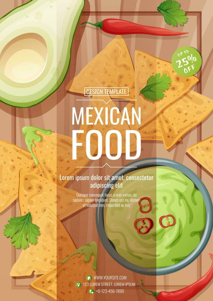 mexicano Comida folheto modelo. crocantes nachos com guacamole molho e quente Pimenta pimentas. vetor ilustração do tradicional mexicano Comida. desconto poster, bandeira folheto para cafeteria e restaurante