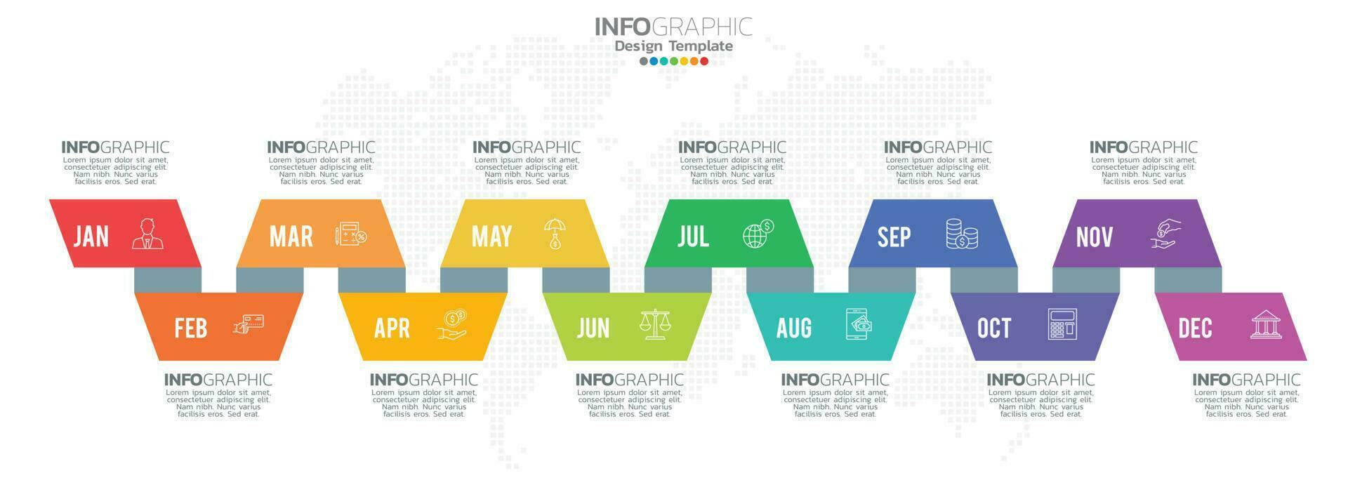 apresentação de infográfico de linha do tempo por 1 ano 12 meses usado para conceito de negócio com 12 opções, etapas e processos. vetor