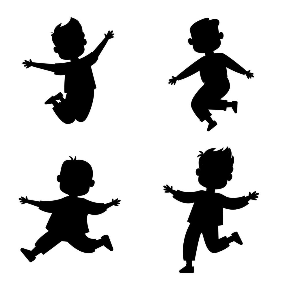 conjunto do silhueta crianças Rapazes em pé dentro diferente poses, pulando vetor