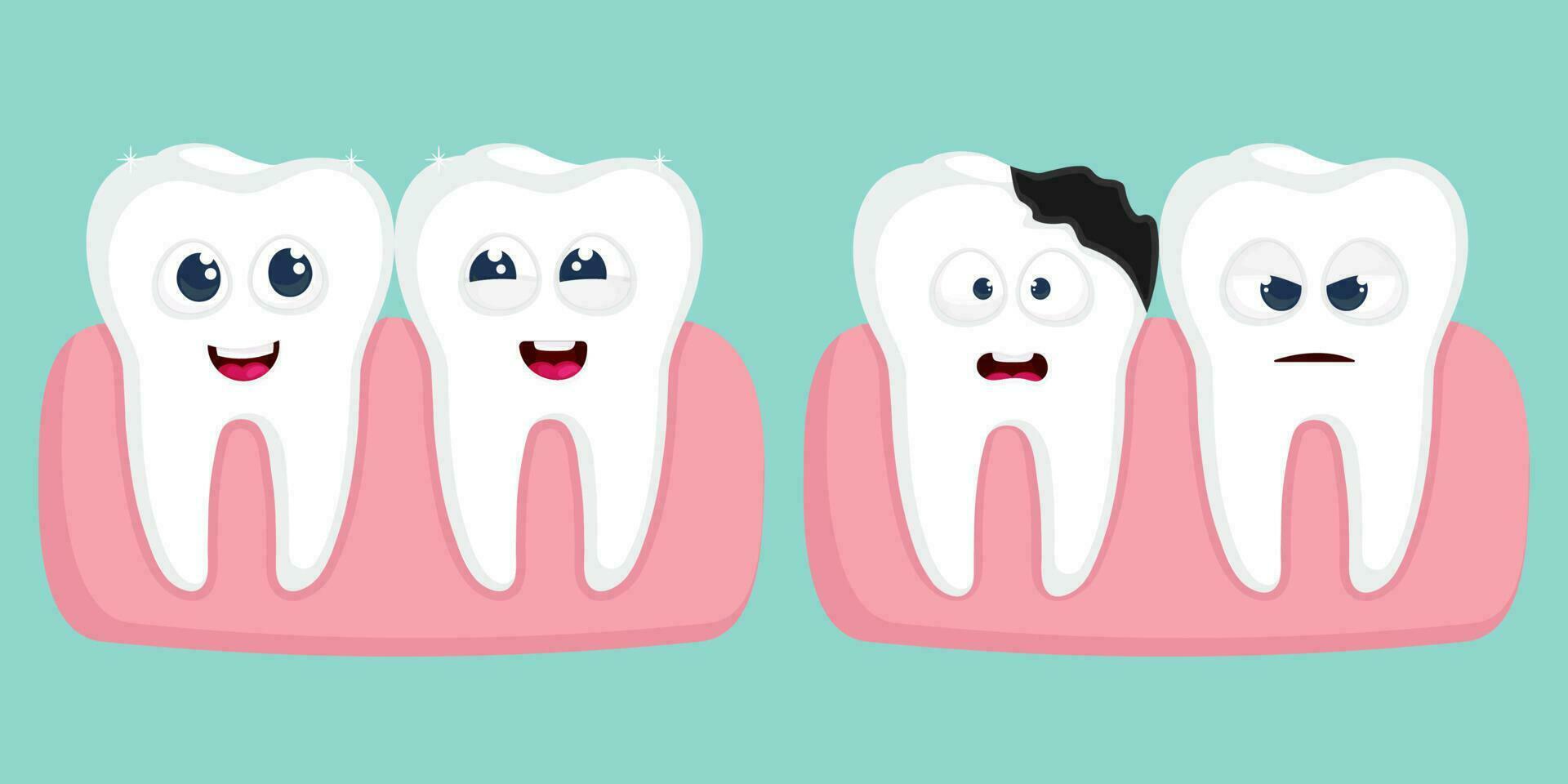 desenho animado dentes com Chiclete definir. diferente emoção dental personagem. vetor