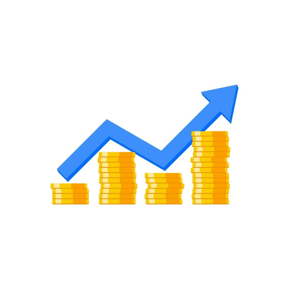 ouro moedas preço acima azul gráfico branco fundo ícone vetor isolado. preço dólar acima. plano estilo vetor ilustração.