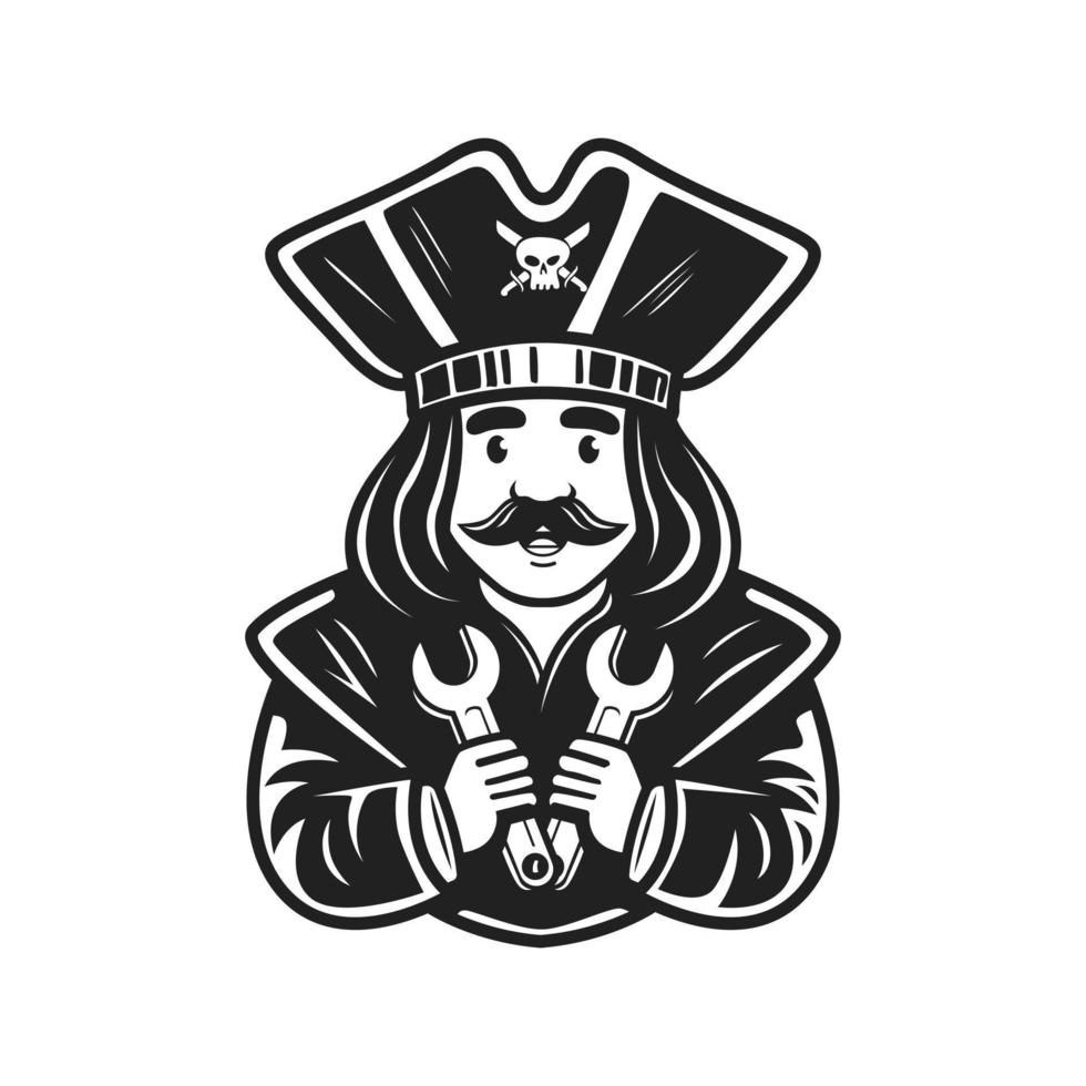 logotipo personagem pirata segurando ilustração vetorial de chave inglesa vetor