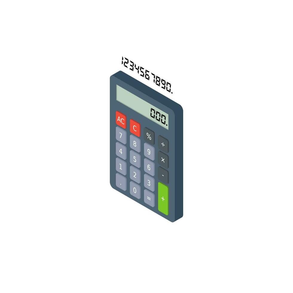 calculadora e digital número esquerda Visão branco fundo ícone vetor isométrico. plano estilo vetor ilustração.