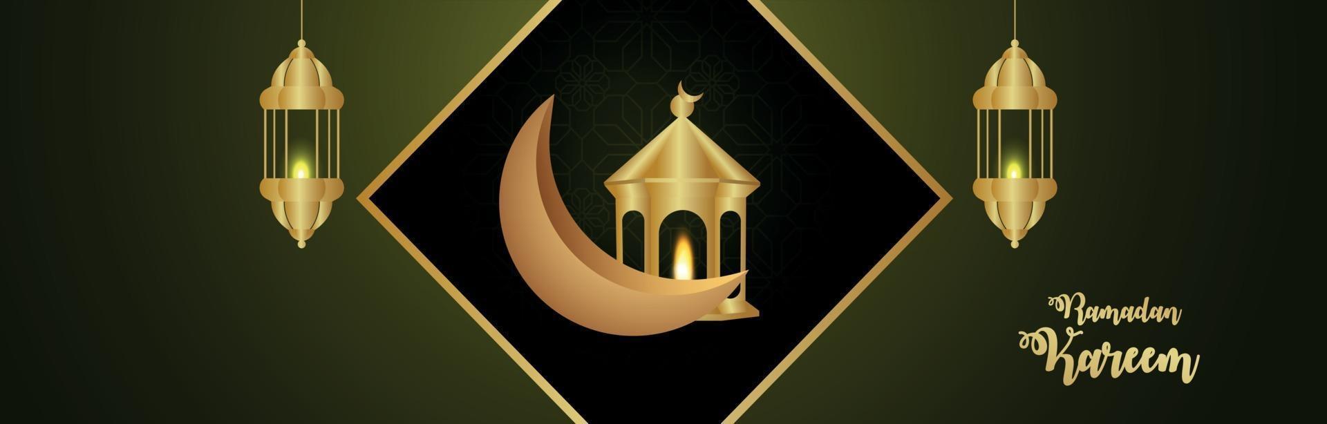 banner ou cabeçalho do festival islâmico ramadan kareem com lanterna árabe dourada e lua vetor