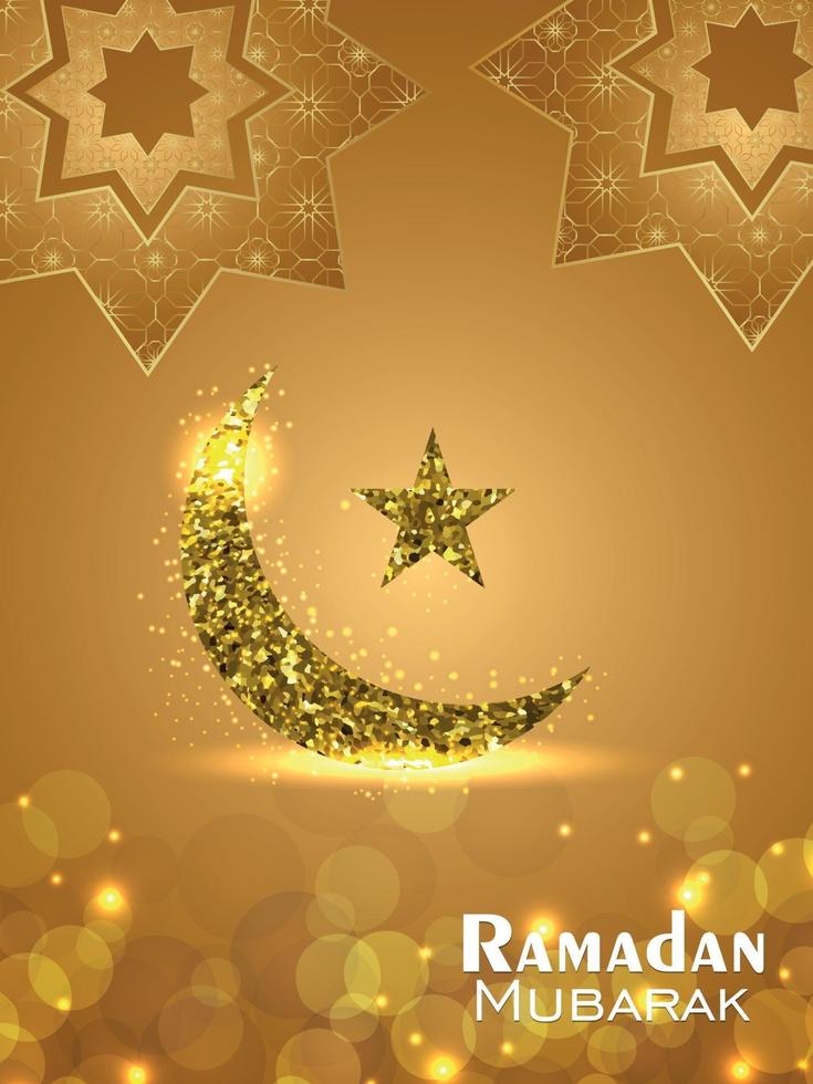lua de brilho dourado e estrela do ramadã mubarak com fundo padrão vetor