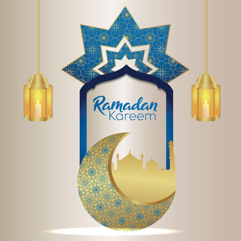 Ramadan Kareem Islâmico Festival Celebração Cartão Com Padrão Árabe Lua e Lanterna vetor
