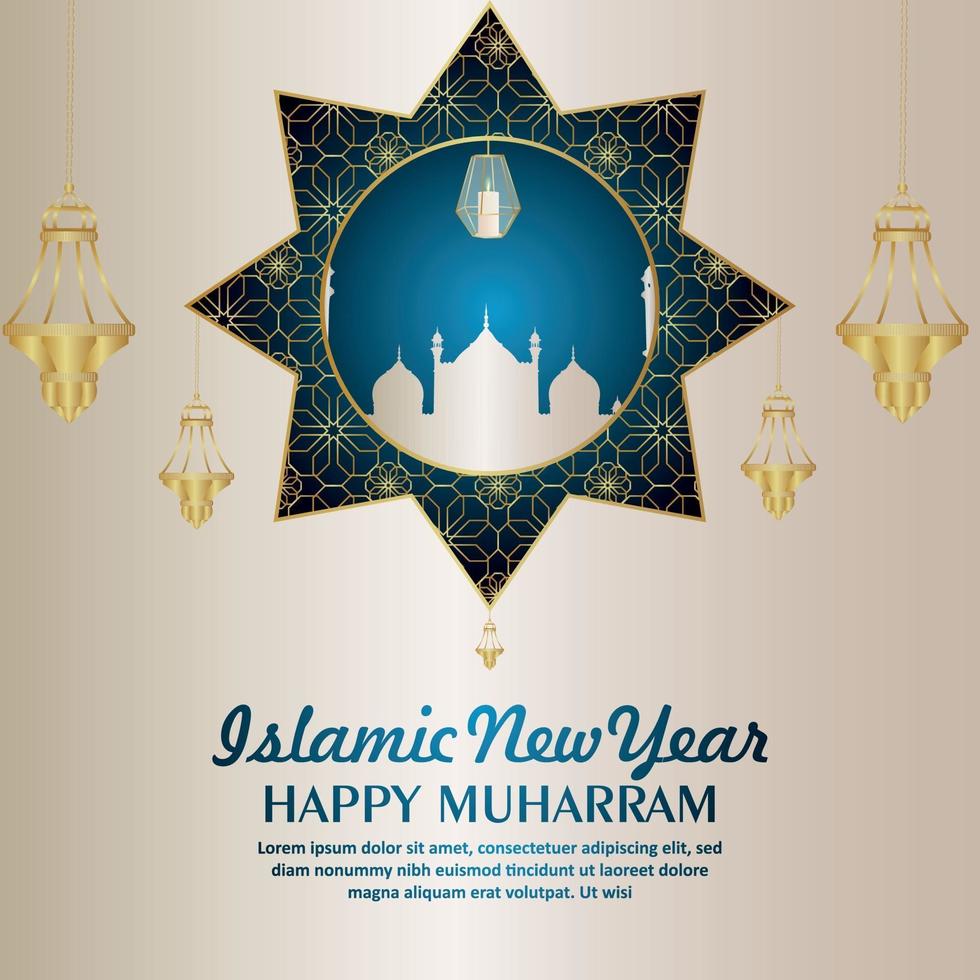ano novo islâmico feliz muharram padrão realista lanterna dourada e mesquita vetor