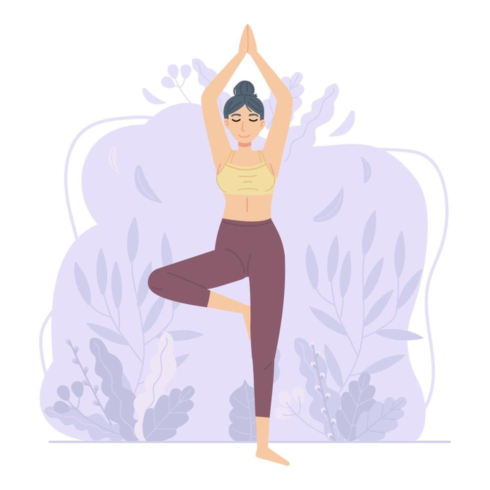 yoga day girl em pose de árvore em um fundo abstrato de flor e folha pode ser usado para a rede social da web conceito de esporte de pilates vetor