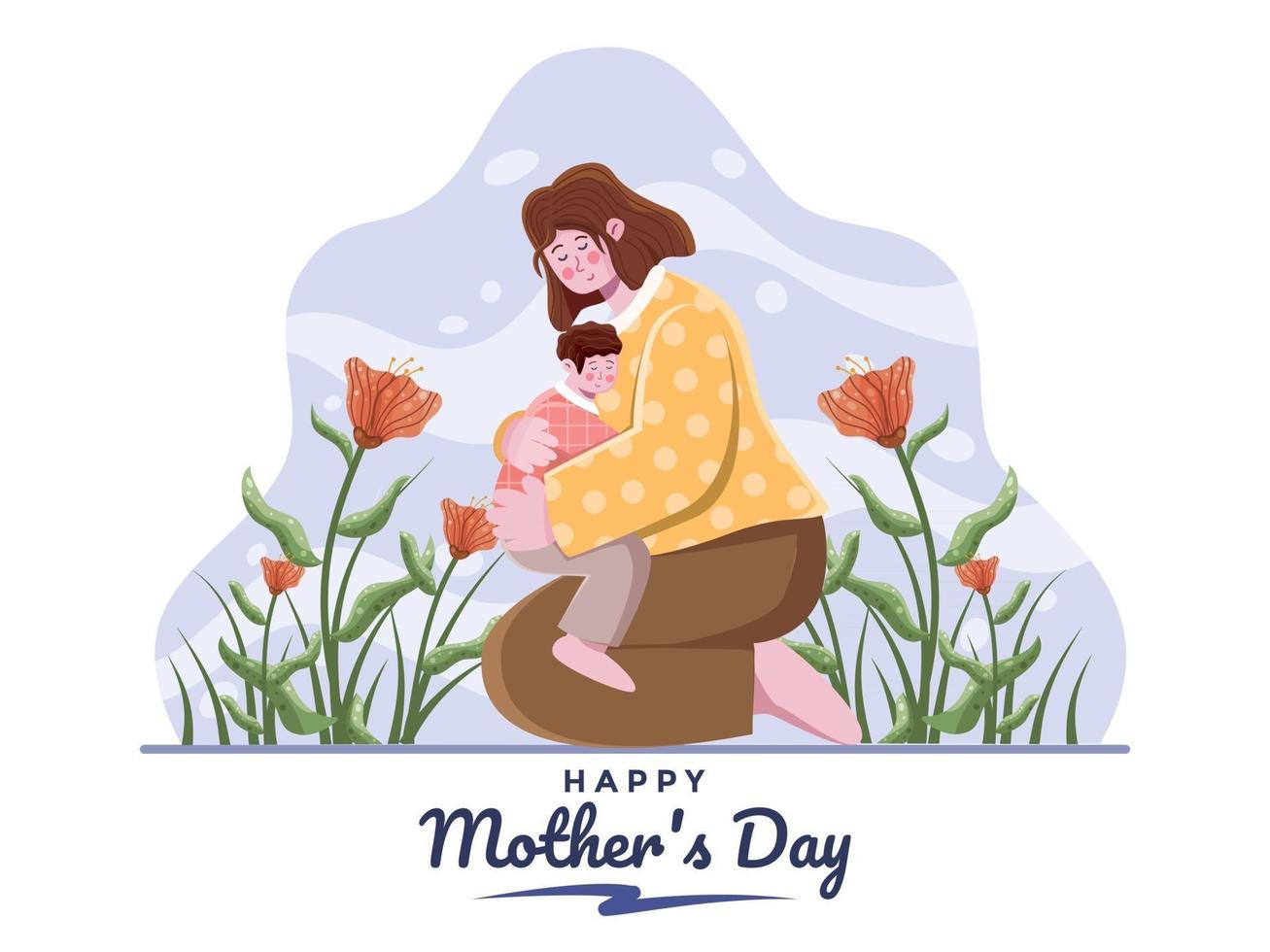 feliz dia das mães ilustração com a mãe abraçando a criança. Dia das mães cartão postal design cartão postal dia das mães design floral mãe amando seu filho mãe e filhos ilustração plana vetor