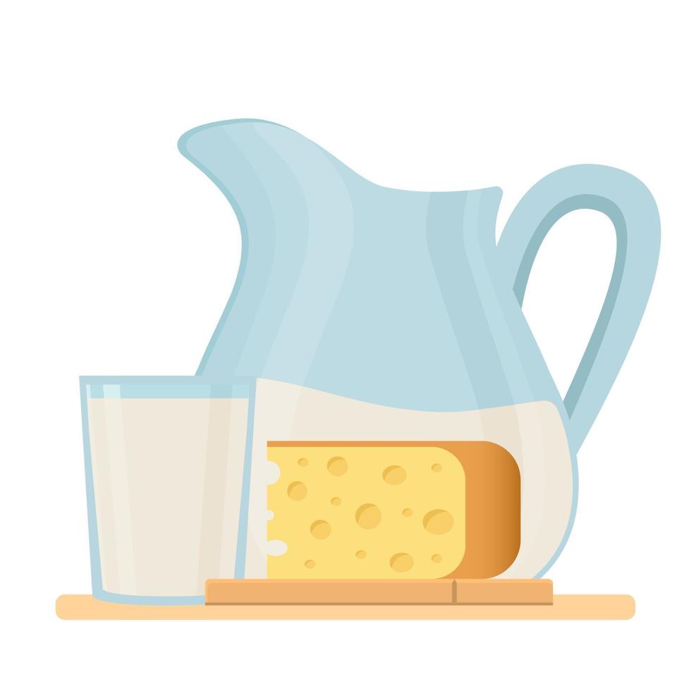 produtos de leite orgânico fresco com queijo e leite em um jarro fazenda produto fresco isolado ilustração vetorial símbolo objeto adesivo elemento de design para menu pôster rótulo embalagem vetor