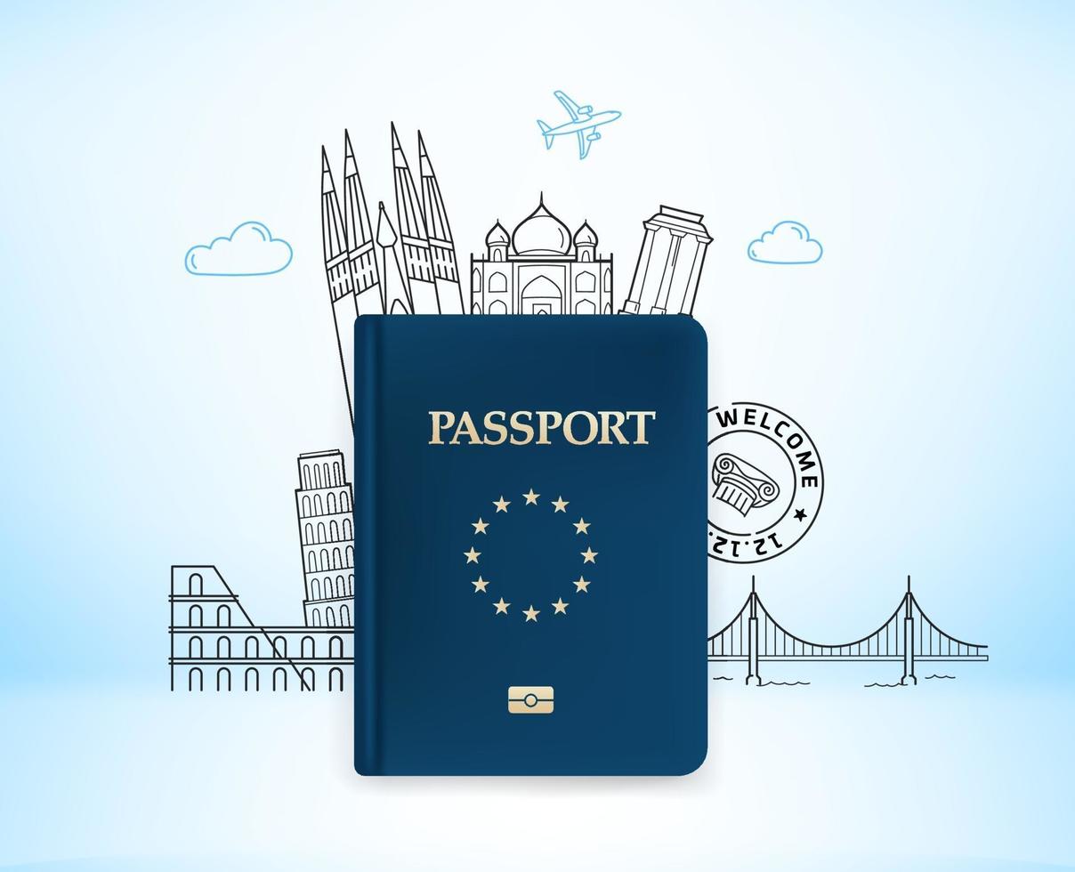 ilustração de viagens com passaporte azul. ilustração vetorial com monumentos famosos vetor