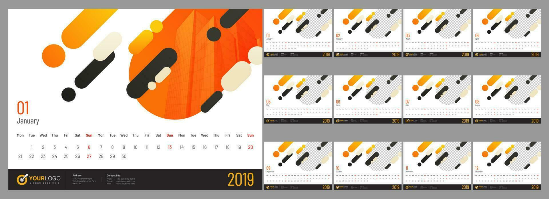 escrivaninha planejador, conjunto do 12 meses para ano 2019 com abstrato elementos. vetor