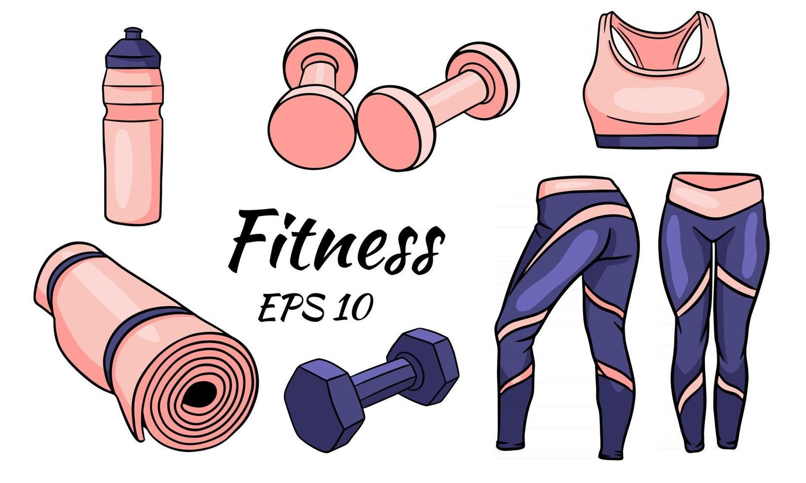 conjunto de fitness, halteres e tapete para esportes e ioga vetor