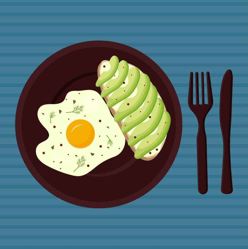 plano ilustração com torrada com frito ovo e abacate torrada em uma prato e uma faca com uma garfo. a ilustração pode estar usava para restaurantes, cafés ou Como a ilustração do todo dia vida. vetor