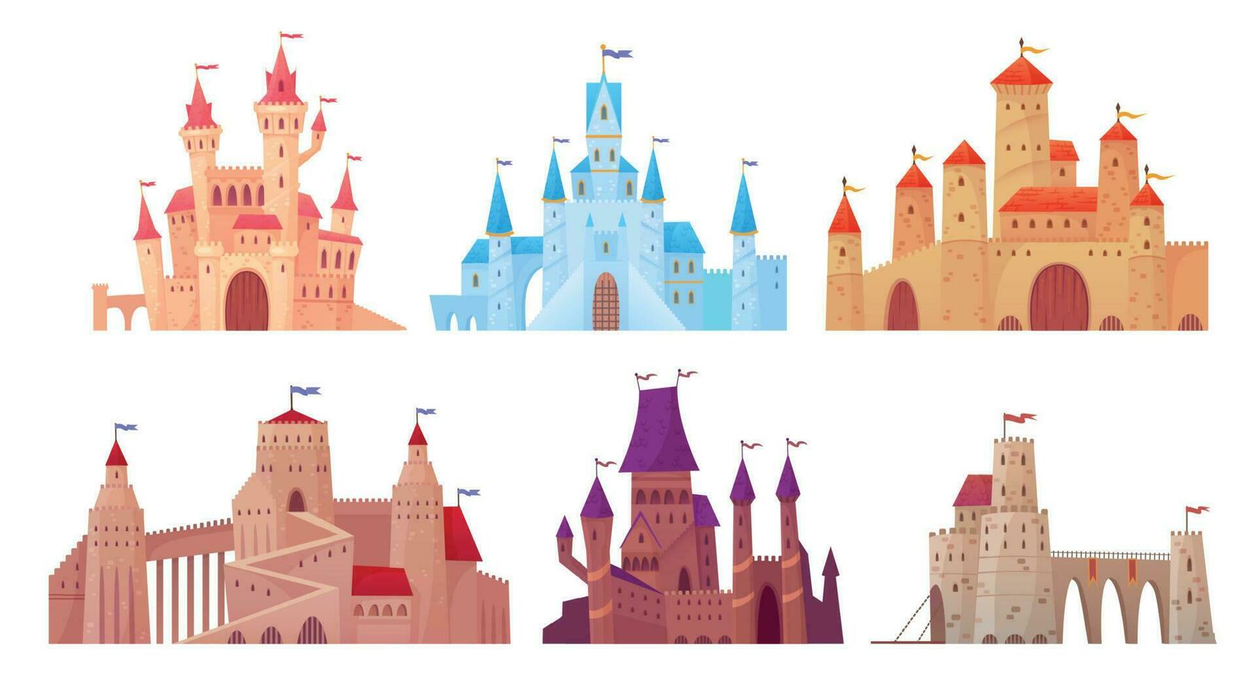 medieval castelo torres. conto de fadas mansão exterior, rei fortaleza castelos e fortificado Palácio com portão desenho animado vetor conjunto