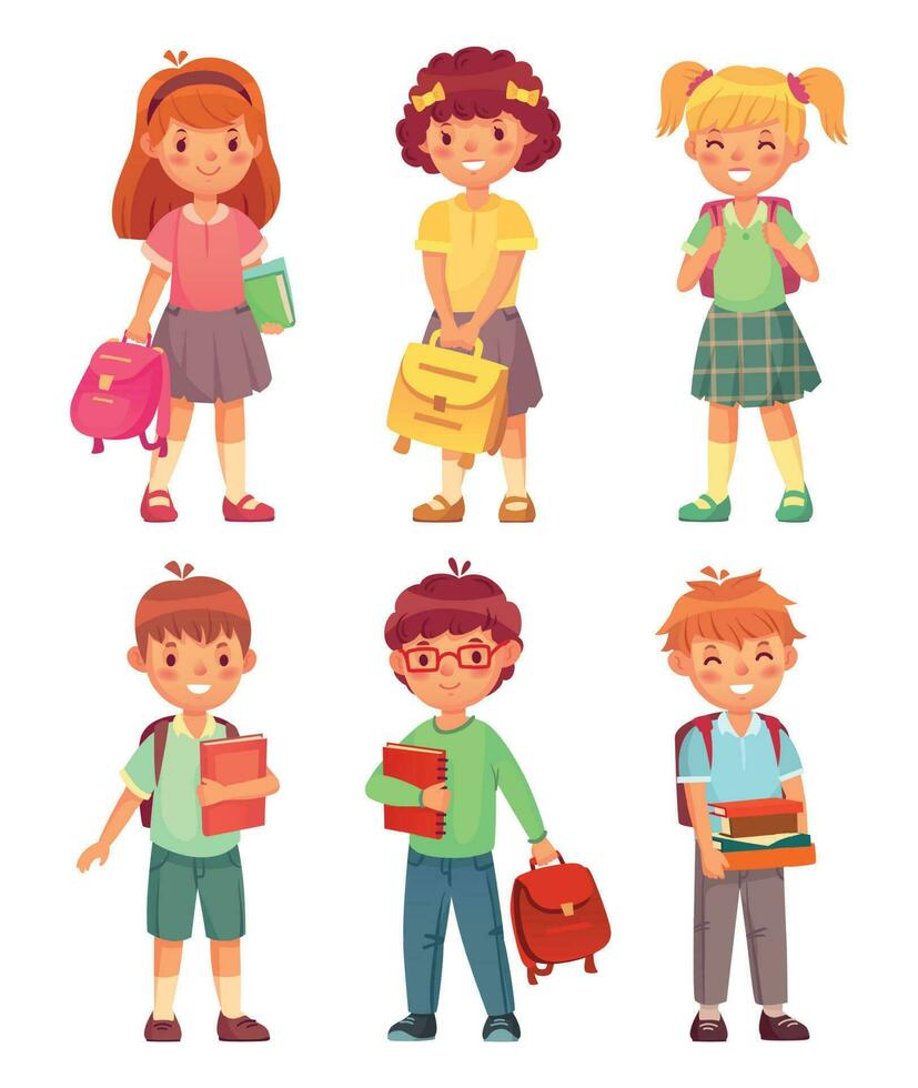 primário escola crianças. desenho animado crianças alunos com mochila e livros. feliz Garoto e menina aluno dentro escolas uniforme vetor conjunto